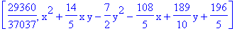 [29360/37037, x^2+14/5*x*y-7/2*y^2-108/5*x+189/10*y+196/5]